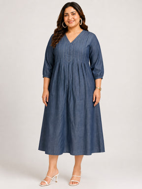 Indigo Pintuck A-Line Dress