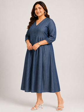 Indigo Pintuck A-Line Dress