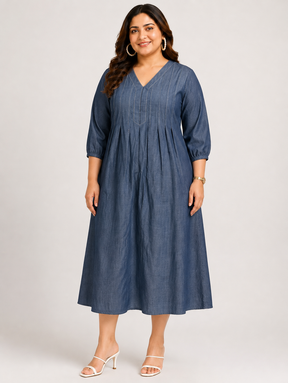 Indigo Pintuck A-Line Dress