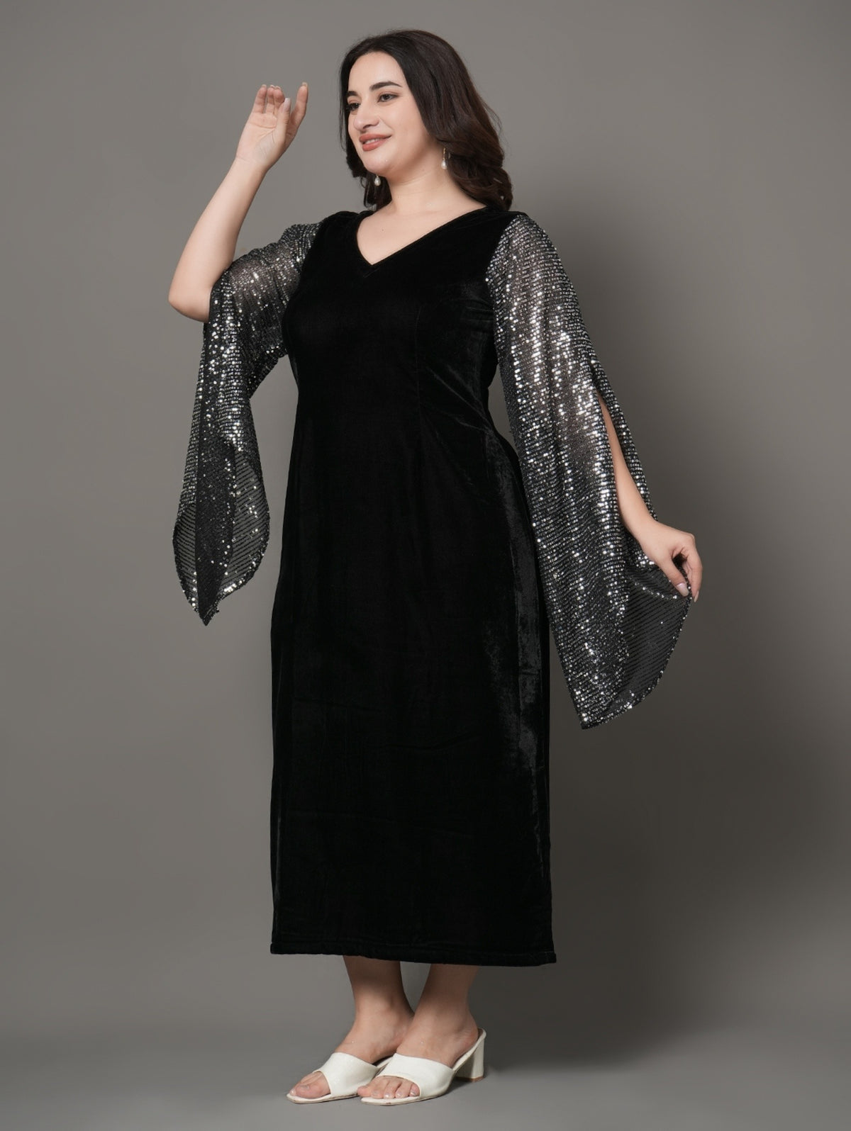 Black Velvet Cape Sleeve Party Dress