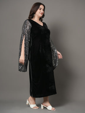 Black Velvet Cape Sleeve Party Dress