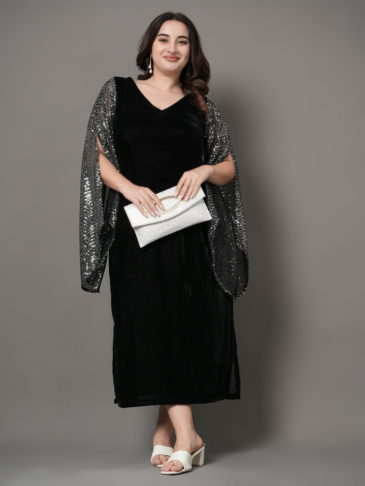 Black Velvet Cape Sleeve Party Dress