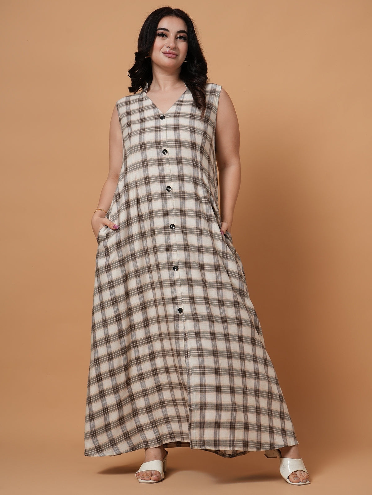 Brown Check A-Line  Dress
