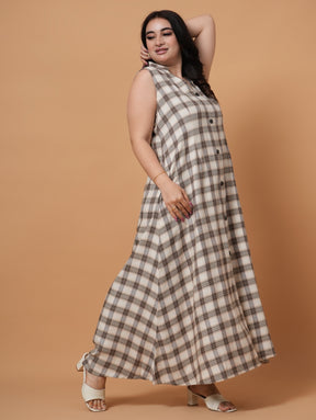 Brown Check A-Line  Dress