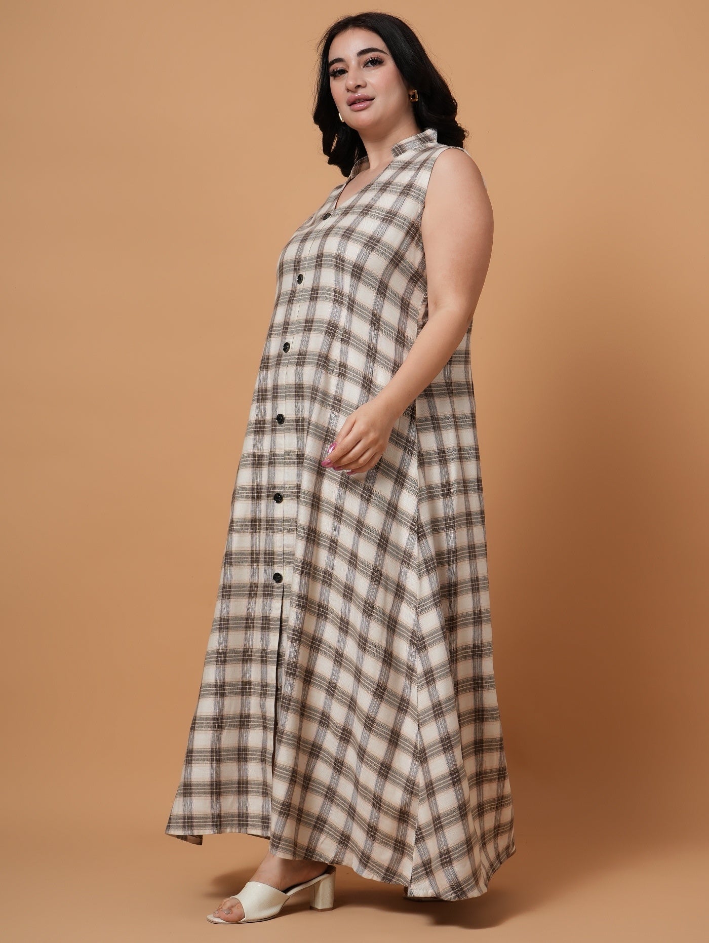 Brown Check A-Line  Dress