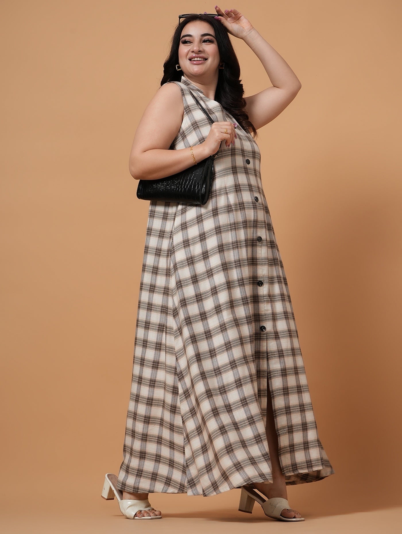 Brown Check A-Line  Dress