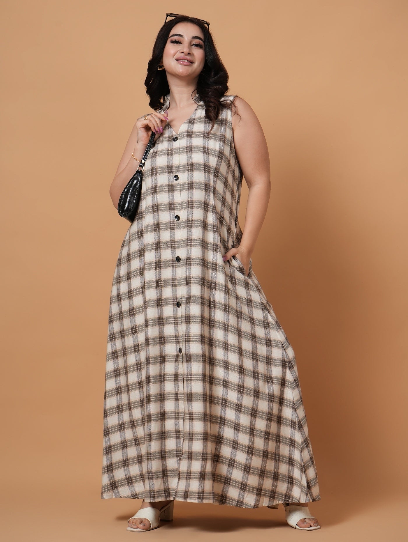 Brown Check A-Line  Dress