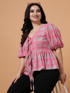 Blush Peplum Check Top