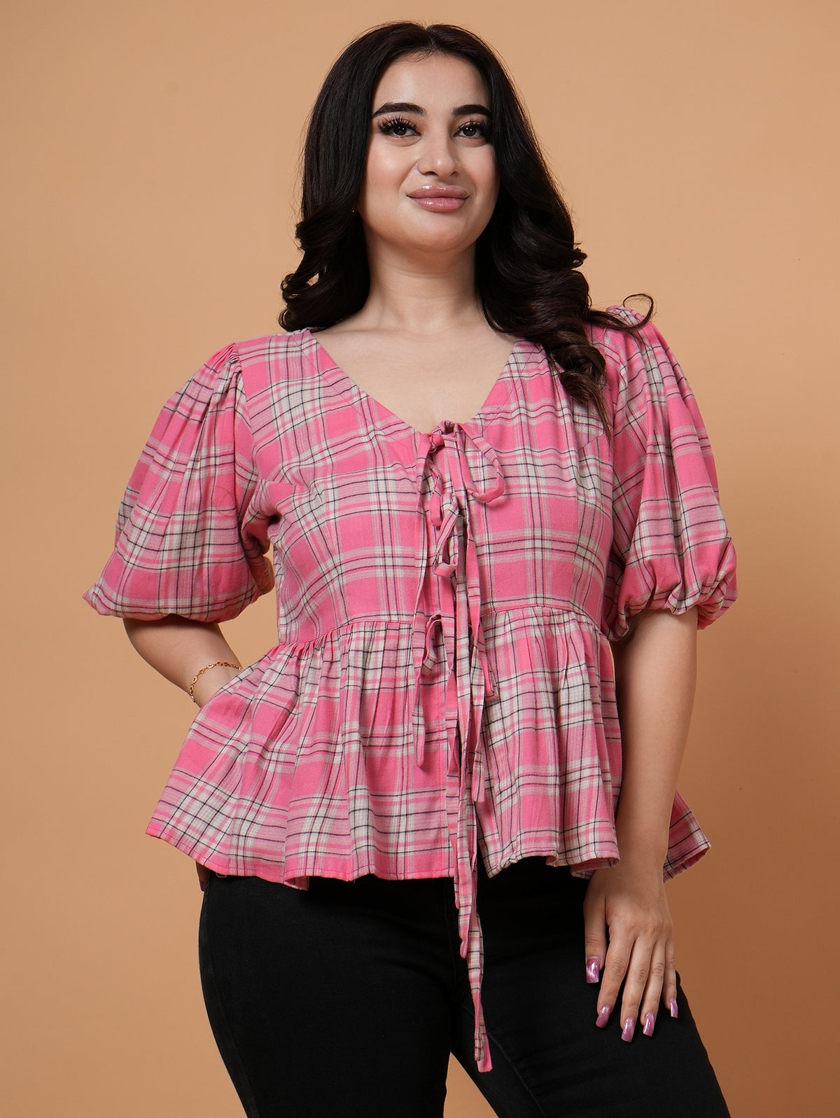 Blush Peplum Check Top