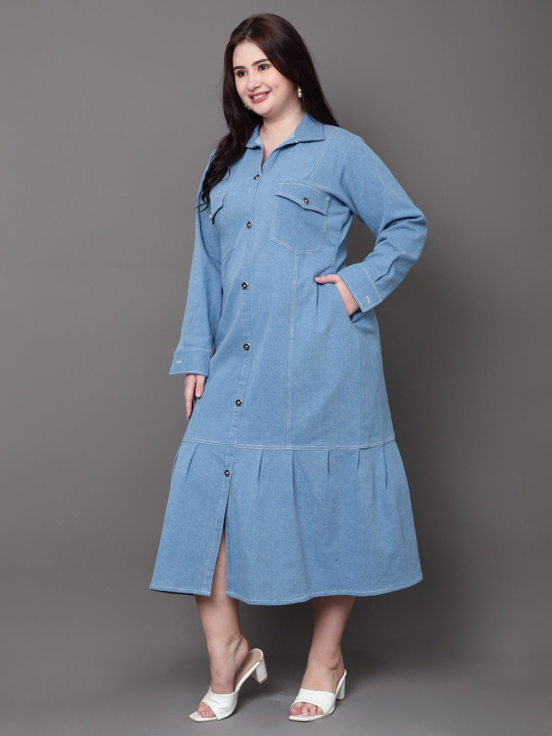 Street Blue Denim Shirt Dress