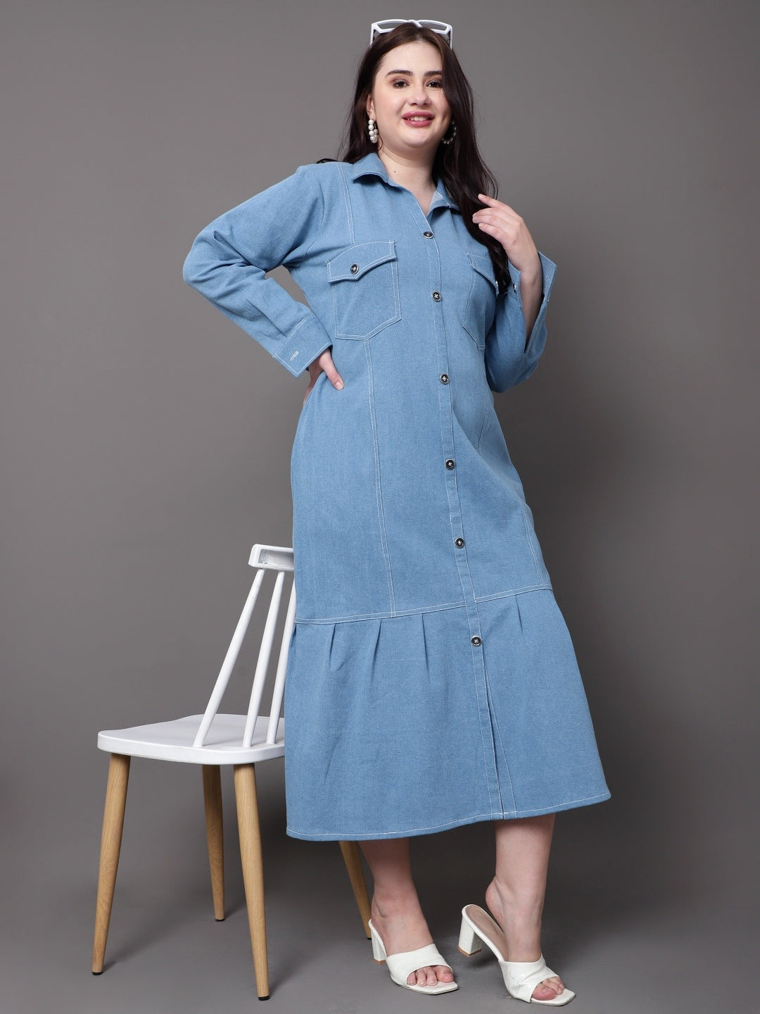 Street Blue Denim Shirt Dress