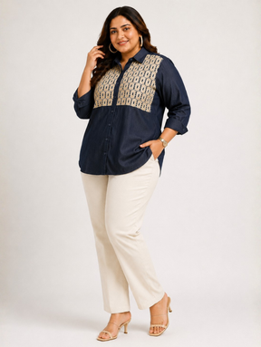 Navy Motif Denim Shirt
