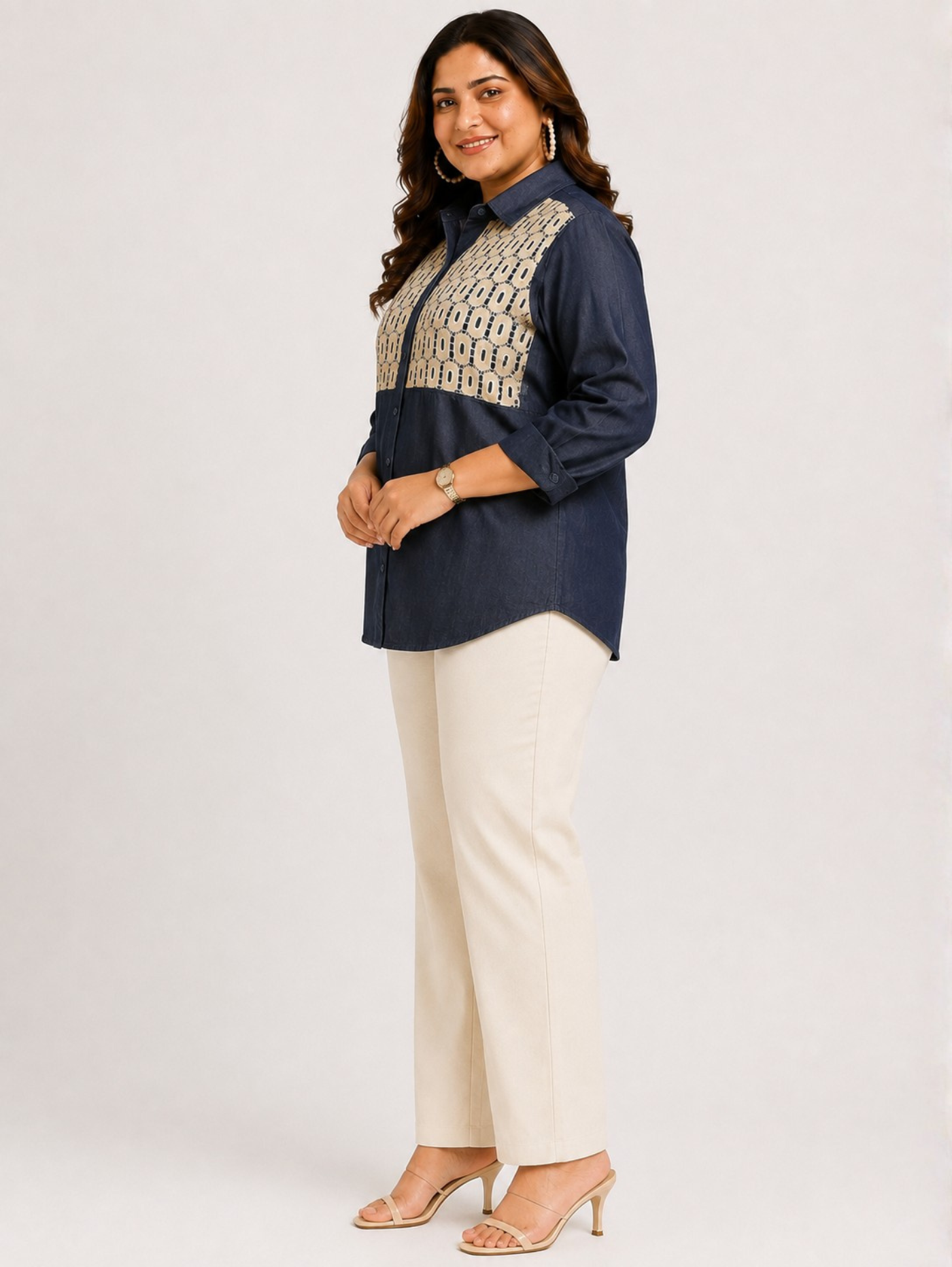 Navy Motif Denim Shirt