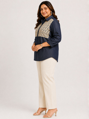 Navy Motif Denim Shirt
