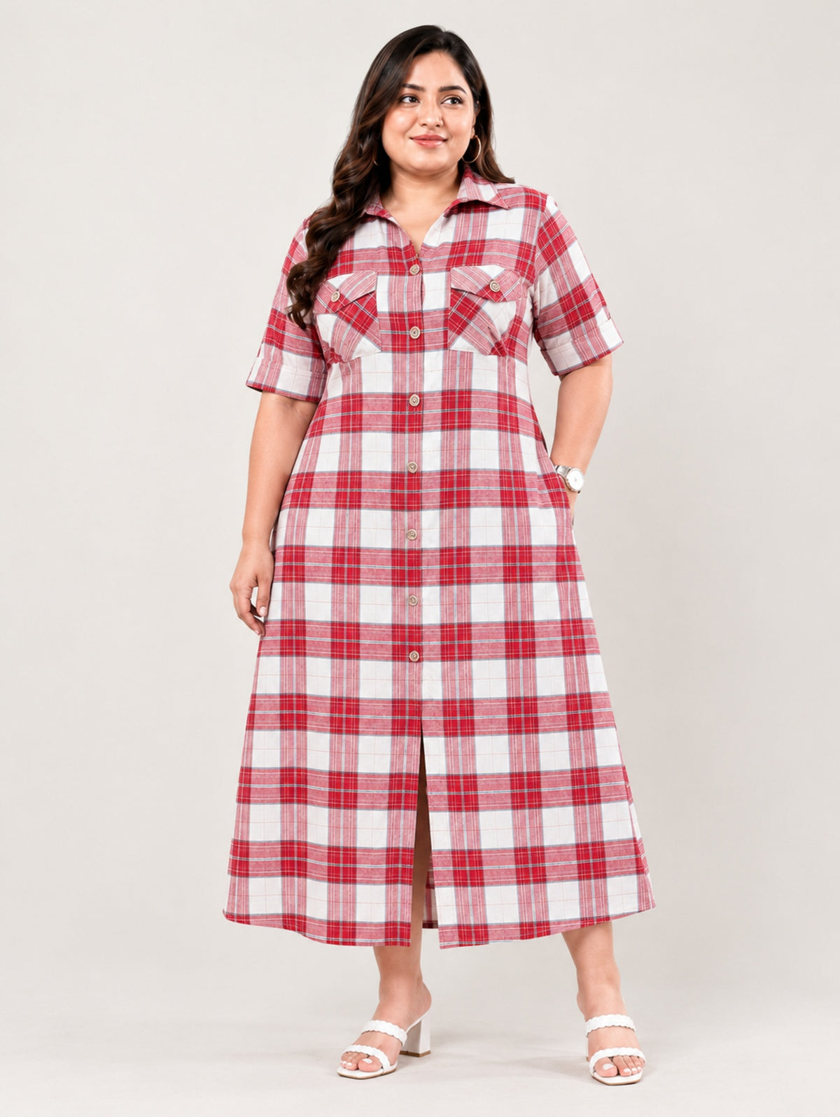 Crimson Checks Midi Dress