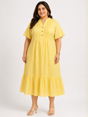 Pintuck Flare Yellow Dress
