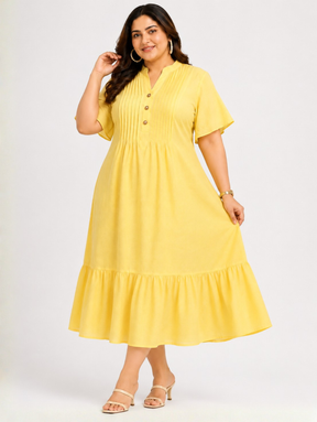 Pintuck Flare Yellow Dress
