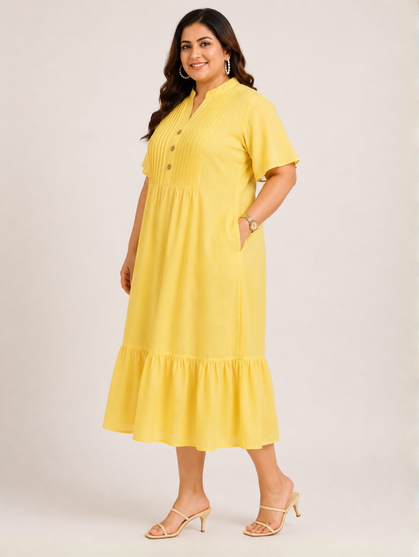 Pintuck Flare Yellow Dress