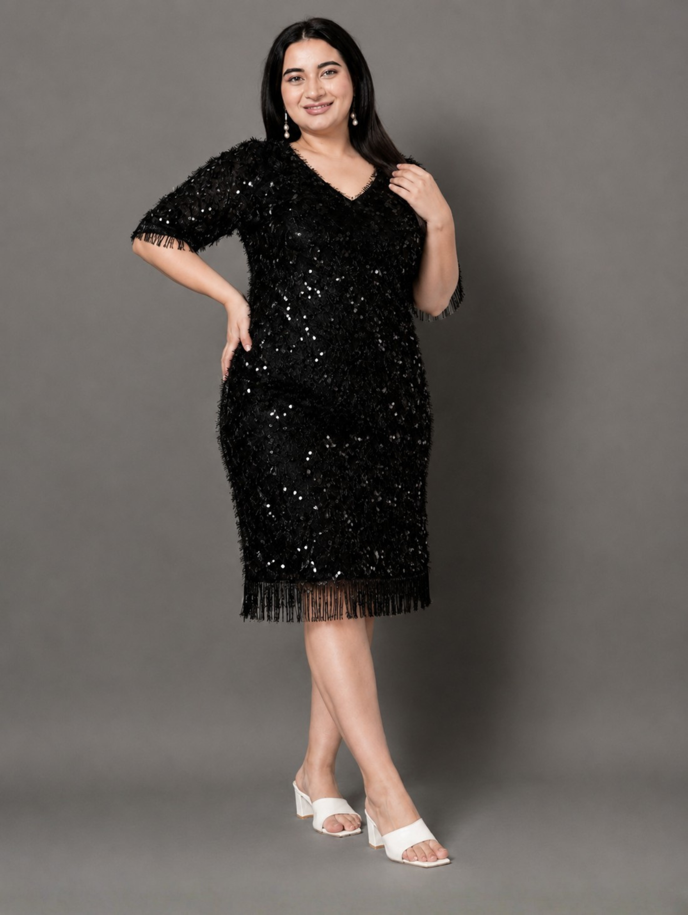Black Sheen A-Line Party Dress