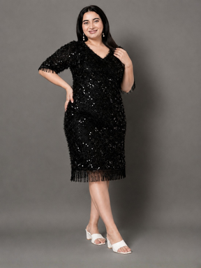 Black Sheen A-Line Party Dress
