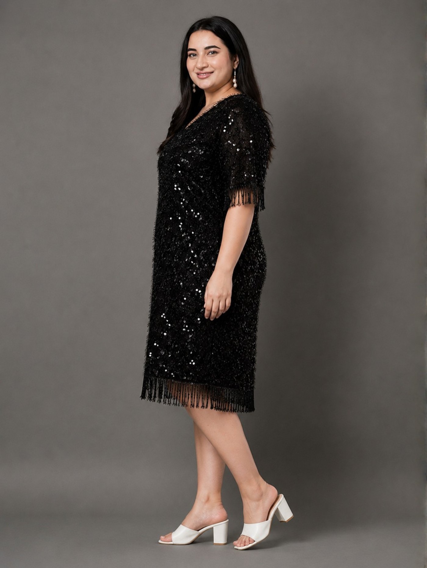 Black Sheen A-Line Party Dress