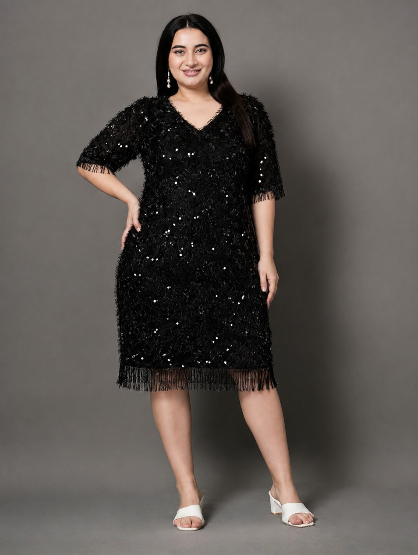 Black Sheen A-Line Party Dress